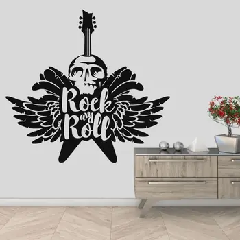 Rock N Roll Kitaro Z Lobanjo In Krilo Nalepko Stenske Nalepke Za Dom In Glasbena Soba Dekoracijo A001682