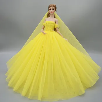Rumena Moda Poročno Obleko za Barbie Doll Obleke, Večerne Obleke Obleke Dolgo Obleko Obleke S Tančico 1/6 Lutka Dodatki