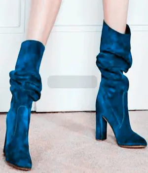 Slouchy Kolena Visoki Škornji Krog Toe Kvadratnih Pete Blue Suede Ženske Obleke Čevlji Zdrsne Na Custoom Narejene Zimske Naguban Čevlji