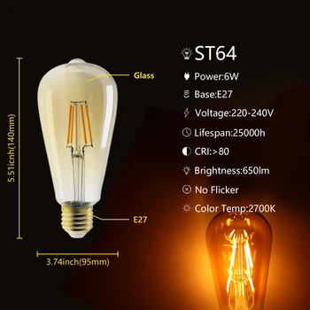 ST64 Žarnice Žarnica E27 6W Retro Edison 220-240V Letnik Lučka 6pcs/Veliko 2700 Stekla Luči