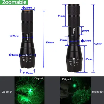 Taktično Zoomable Lov Svetlobe 5000Lm ZELENA V5 Nastavljiv Fokus Svetilka+Zelena/Rdeča Pika Laser Pogled Puško, Pištolo Mount Obseg Železniškega