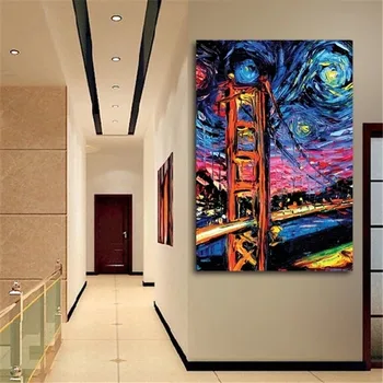 VanGogh Zvezdnato Noč Golden Gate Bridge, Wall Art Slike, Barvanje Sten Umetnosti za Dnevni Sobi Doma Dekor Soba Dekor