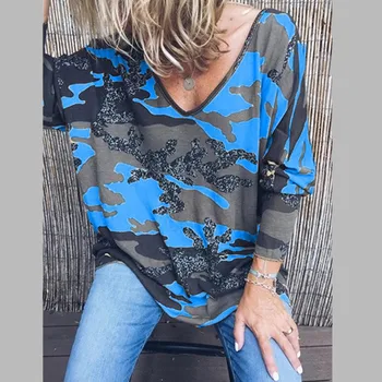 Velike Velikosti 5XL Bluzo Ženske 2020 Pomlad Moda Maskirnim Tiskanja 4XL Priložnostne Svoboden Ženske Majice Dolg Rokav Seksi Proti-Vrat Vrhovi