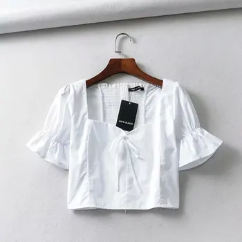 Vintage womens vrhovi in bluze, belo bluzo dame majice seksi ruffle peplum vrh kvadratnih ovratnik korejski ulične Poletje