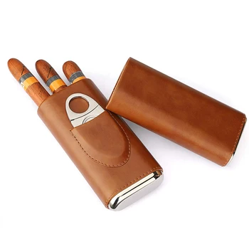 Visoke Kakovosti 3-Prst Torbe Prenosni Cigar Polje Rjava Cigar Usnjena torbica s Cigaro Rezalnik 2021
