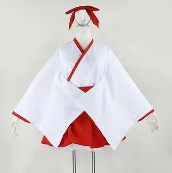 Vroče Prodajo Japonski Anime Priestess Kimono Cosplay Kostum Bela Rdeča Mozaik Kimono Obleka Za Halloween Kostum Z Pokrivala