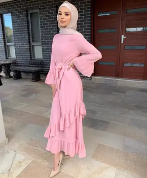 Znoj Muslimanskih Kaskadne Ruffle Obleka Ženske Barva Čipke-up Slim Maxi A-linija Obleke Moroccak Kafan Elegantno Vestidos Islamsko