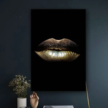 Črna in Zlata Seksi Ustnice Oljna slika na Platnu Lepoto Ličila Umetnosti Cuadros Plakatov in Fotografij Stenskih slikah, za Dom Dekor
