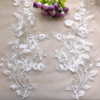 Šivanje Čipke Tkanine 1 Par 51*19 cm Slonokoščena Bela Vezenina Cvet Veliko Čipke Aplicirano Za Poročne obleke, Poročne Obleke