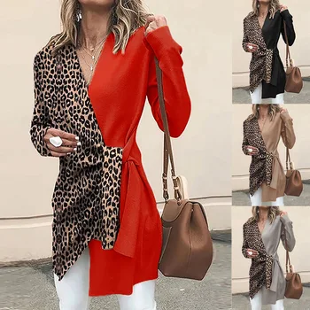 Ženske Jeseni Leopard Tiskanja Mozaik Vezna Vrhovi Trendy Ulične Urad Dama Modna Oblačila Prostem Obrabe