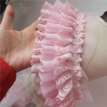10 cm širok DIY obleko 3 plasti roza šifon ruffle čipke krilo manšete, rokavi čipke dodatki tkanine dodatki