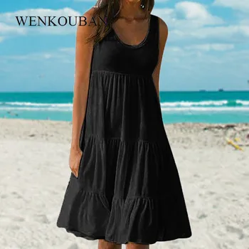 2020 brez Rokavov Stranka Obleko Za Ženske Barva O-Vratu Summe Plaža Obleko Dame Svoboden Boho Obleko ženski Priložnostne Haljo Femme