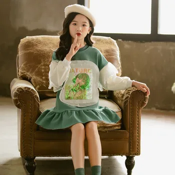 2020 Dekleta Jeseni Obleko Novi Korejski Slog Dolgimi Rokavi Pulover Obleko Dekleta Modni Flounced Obleke Dropshipping