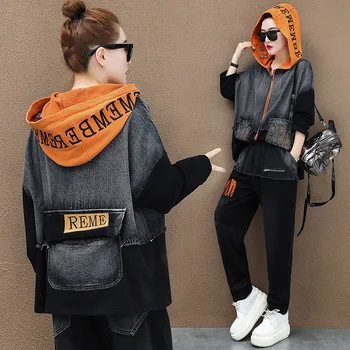 2020 Jeseni Korejskih Žensk, Vezenje Jakne In Hlače Ženske Punk Jeansa, Oblačila Črne Hooded Natisnjena Dva Kosa Določa Plus Velikost