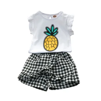 2020 Novo Poletno Obleko Dekle Obleko Modni Stil Bombaž Ananas Natisnjeni T-Shirt Vrh+Kariran Culottes Otrok Dva-Delni Set