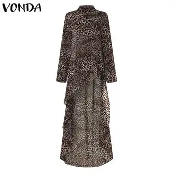 2021 VONDA Tunika Ženske Dolgo Majico Vintage Bluze z Dolgimi Rokavi Leopard Tiskanja Bluzo Urad Asimetrični Blusas Top Plus Velikost