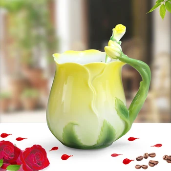 3D Rose Cvet Emajl Kave Vrč Čaja, Mleka, Skodelico serija Z Žlico Ustvarjalne Keramike, Kosti Kitajske Drinkware Valentinovo Darilo