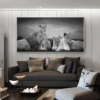 Afriške Lions Družino Črno in Belo Platno Umetnosti Plakatov in Fotografij Lions Živali Platna Slike na Steni Umetniške Slike Dekor