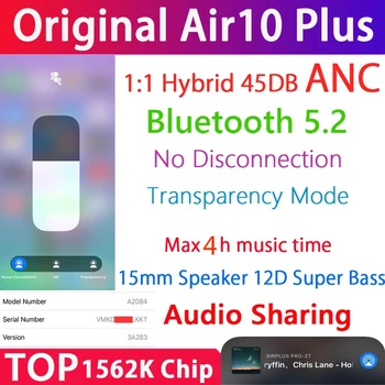 Air10 Plus TWS Brezžična tehnologija Bluetooth 5.2 Slušalke 45DB Hibridni ANC Čepkov Super Bass 1562K PKH1 1562H 1562A i900000MAX Air13 i99999