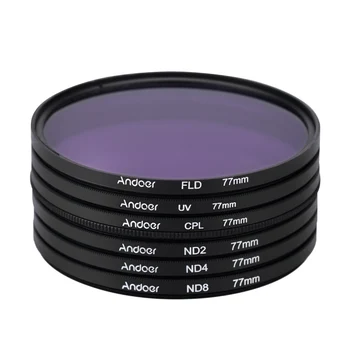 Andoer 77mm UV+CPL+FLD+ND(ND2 ND4 ND8) Fotografija Filter Komplet Set Ultravijolično Gostoto Filter za Nikon Canon Sony Pentax Dslr