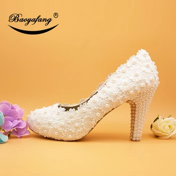 BaoYaFang Beli cvet, Ženske Poročni čevlji 10 cm Tanke pete platforma čevlji Ženska Visoko črpalke Ženske stranka čevlji Peep Toe Čipke za čevlje