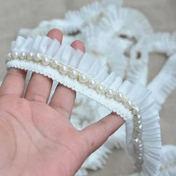 Bela šifon z Slonovino beaded čipke trim ruffle čipke krilo hlačnice lutka diy ročno izdelan poročni obleki dekoracijo pearl trim