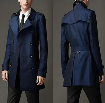 Blue moški jarek coats človek Srednje dolg plašč moški dvojno zapenjanje oblačila slim fit suknji dolg rokav 2020 nove oblikovalec