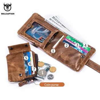 BULLCAPTAIN usnjena denarnica z RFID torbica za kartico sim kovanec torbici zadrgo moški kratek denarnica je moda moških walletes kave 01H