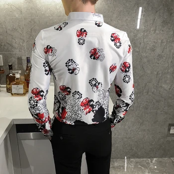 Camisa Hombre Luksuzni Moški Cvet Majica Fashion Jeseni Cvetlični Majica Korejski Slim Fit Priložnostne Dolg Rokav Nočni Klub Moških Socialne Majica