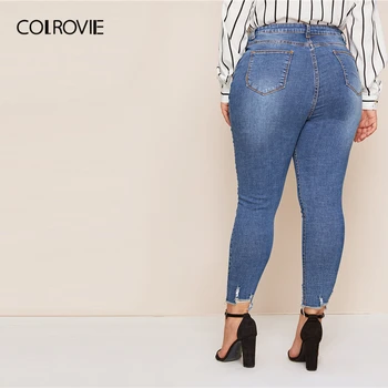 COLROVIE Plus Raztrgala Pohaban Rob Skinny Kavbojke Ženske 2019 Jeseni Gumb Letenje Blue Jeans Priložnostne Ženske Stretchy Traper Hlače