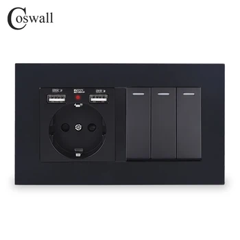 COSWALL EU Standard Ozemljeno električno Vtičnico Z 2 USB Charge Vrata Skrito Mehko LED + 3 Banda 1 Način On / Off Stikala za Luč PC Plošča