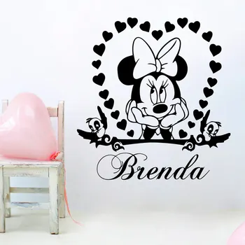 Disney Srčkan Minnie Mouse Srca vinil stenske nalepke Brezplačno po Meri Otroka NameFor Otroci Soba Vrtec Spalnica Oprema Doma Dekor