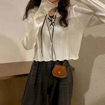Dolgo sleeved pletene Bluzo žensk čipke-up vrvico kratka, mehka, voskasta 2020 jeseni svetlobe mature korejski slog top ženska majica