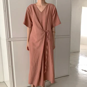 GALCAUR korejski Obleka Ženska V Vratu Kratek Rokav Visoko Pasu Čipke Tunika Ruched Oversize Asimetrične Maxi Obleke, Ženski Novo 2020