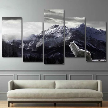 HD Natisne Platno Wall Art Dnevni Sobi Doma Dekor Slike 5 Kosov Sneg Gorske Planote Volk Slike Živali Plakati Okvir
