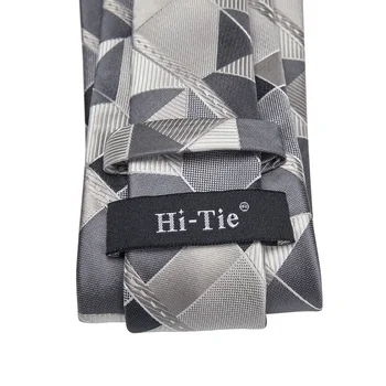 Hi-Kravato za Moške Kravato Niz Luksuzni Svile Siva Kariran Velike Neckties Za Moške, Modni Dizajn Hanky zapestne gumbe Set Poroko Kakovosti
