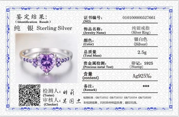 Imajo Certifikat 925 Srebro Vijolično Cirkon Crystal Ring Za Ženske Ljubko Srce Oblika Nakit Romantično Valentinovo Darilo