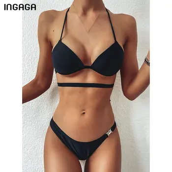 INGAGA Push Up Bikini Kopalke 2021 Črne Kopalke Ženske String Povodcem Bikini Komplet Križ Povoj Kopalne Obleke Plaži kopalke