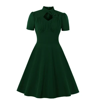 Izrezanka Izruga Vratu Elegantno Vintage Obleke Visoko Pasu, Temno Zelen Božič Obleko Trdna leta 1940 Obleko