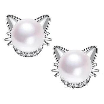 JoiasHome 925 sterling srebrni uhani ustvarjalne pearl mačka obliko uhani živali obliko ženske lepe nakit poročno darilo