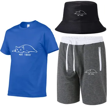 Kawaii Mačka Moški Ne Danes Smešno Grafični poletje unisex bombaža T-shirt + kratek moški + klobuk ribolov set T-shirt za moške 3 delni set