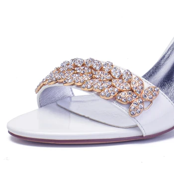 Lady poletne sandale podplat debele pete bela, slonokoščena čevlji s svetlobo, zlato kristalno prirezovanja gleženj trak stranki poroka maturantski ples klub