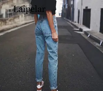LaipelarVintage ženske fant jeans za ženske mama visoka vitka jeans modra priložnostne svinčnik hlače korejski ulične traper hlače