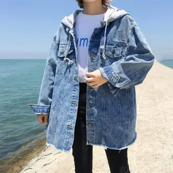 Moda Denim Jakna Ženske 2019 Pomlad Novo Korejsko Srednje Slog Hooded Kavboj Coats Ženske Priložnostne Jopiči Svoboden Jeansa, Oblačila