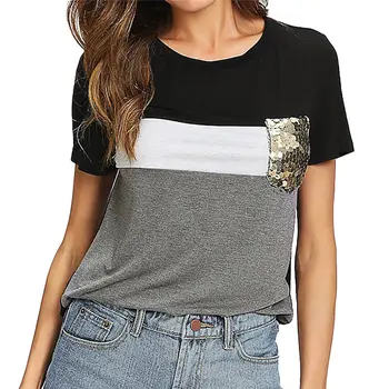 Moda za Ženske Barvo Vrhovi Bleščica Žep O-Vratu T-Shirt Kratek Rokav Vrhovi Priložnostne Mozaik Majica s kratkimi rokavi Za Lady Ženska je Top