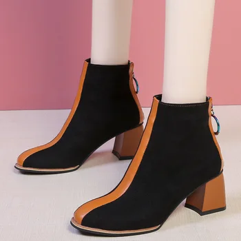Modni Škornji Ženske Zimske Čevlje do leta 2020 Ins Visoke Pete, Škornji Seksi Dame Pozimi Stranka Čevlji Kvadratni Pete 6 cm Martin čevlji