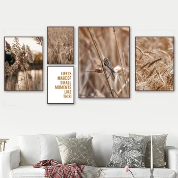 Naravne kulise pšenice Reed Listov ptica Ponudbo Wall Art Platno Slikarstvo Nordijska Plakati In Tisk Stenskih Slik, Dnevna Soba Dekor