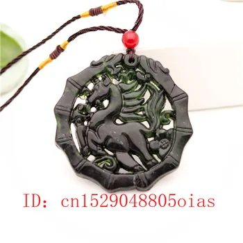 Naravno Črna Zelena Kitajski Jade Konja, Ogrlico, Obesek, Obsidian Čar Nakit dvostranski Votlih Vklesan Amulet Darila za Ženske