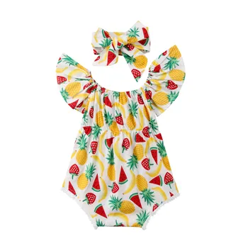 Newborn Baby Toddler Dekleta obleke off ramenski ananas tiskanja kratek rokav Obleka, Lok Glavo 2pc otroci Bombaž Obleke