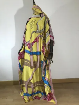 Nov Slog Afriške Ohlapne Obleke, Ženske Dashiki Nigerija Moda SVILE Materiala Z Šal Tiskanja Dolgo Obleko Brezplačno Velikost